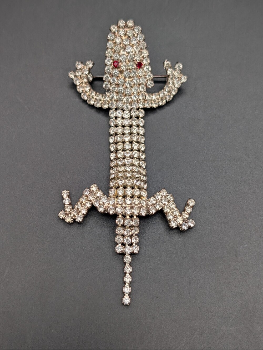 Vintage Rhinestone Lizard Alligator Brooch Red Eye Articulated Reptile